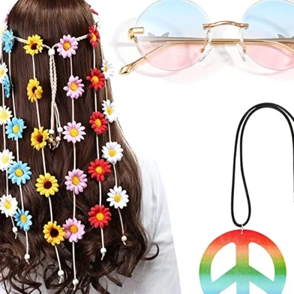 3PCS Women Hippie Costume Set - 70s Hippie Boho Flower Headband Gold Peace Sign 3PCS Women Hippie Costume Set - 70s Hippie Boho Dominican  main image 2